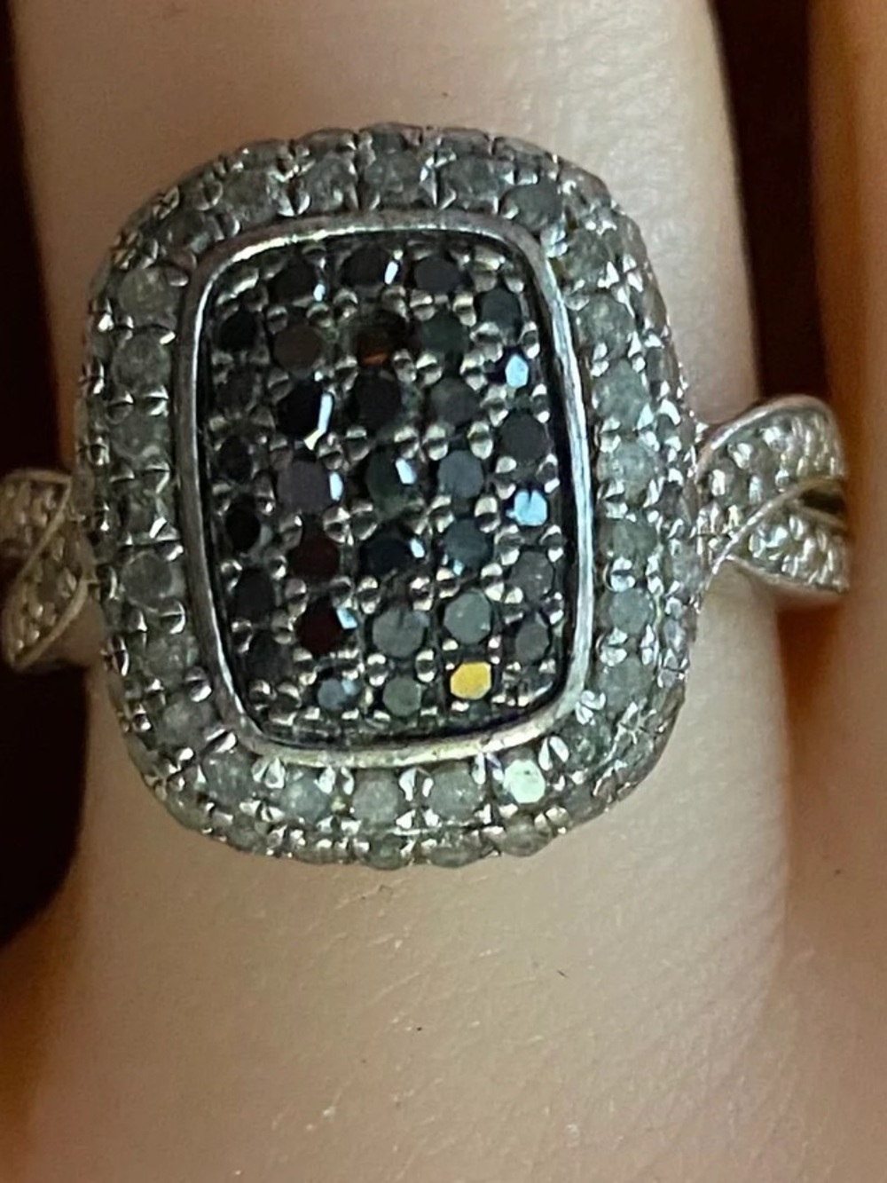 Sterling Silver 925 Black White Pave Diamond Ring Sz 8
